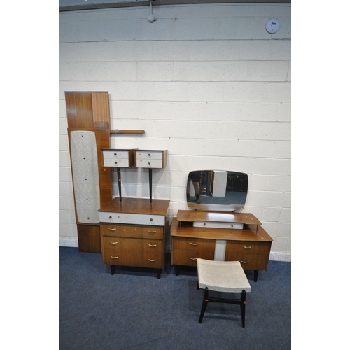 1268 - A MID CENTURY TEAK BEDROOM SUITE, comprising a double door wardrobe, with a central mirror, width 12... 