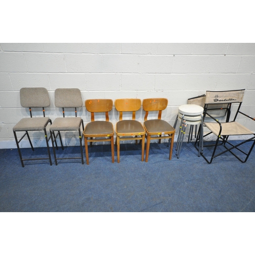 1269 - A VARIETY OF CHAIRS AND STOOLS, to include a set of three Apersite chairs, a pair of tubular metal c... 