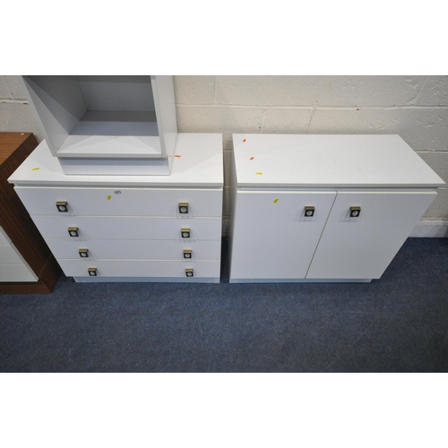 1271 - A WHITE THREE PIECE BEDROOM SUITE, comprising a chest of four drawers, width 80cm x depth 42cm x hei... 