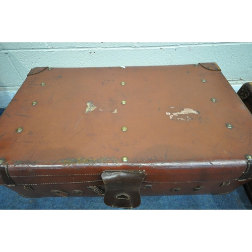 1277 - A PEARL AND CO TANNED LEATHER TRAVELING TRUNK, width 93cm x depth 56cm x height 34cm, along with ano... 