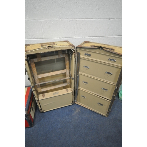 1278 - A VINTAGE PALE TAN WARDROBE TRUNK, 58cm squared x height 110cm, along with another traveling trunk (... 