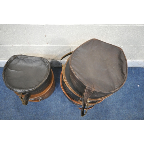 1280 - FIVE HAT TRAVEL BOXES, of various colours styles and sizes (condition report: all with wear and tear... 