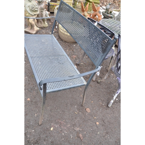 1008 - A MODERN PAINTED METAL BENCH with geometric pierced shape to seat and back width 116cm