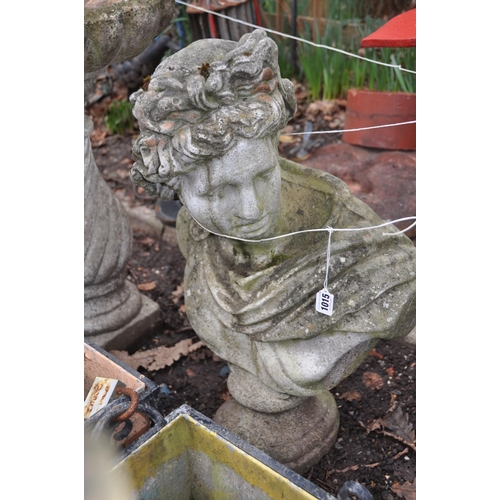 1015 - TWO MODERN COMPOSITE GARDEN BUSTS one of a Roman Emperor height 77cm the other of a lady on a separa... 