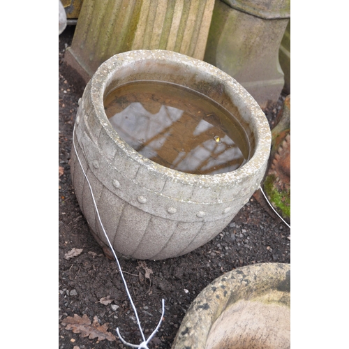 1016 - TWO LARGE MODERN COMPOSITE GARDEN PLANTERS one in the shape of a half barrel height 43cm the other w... 