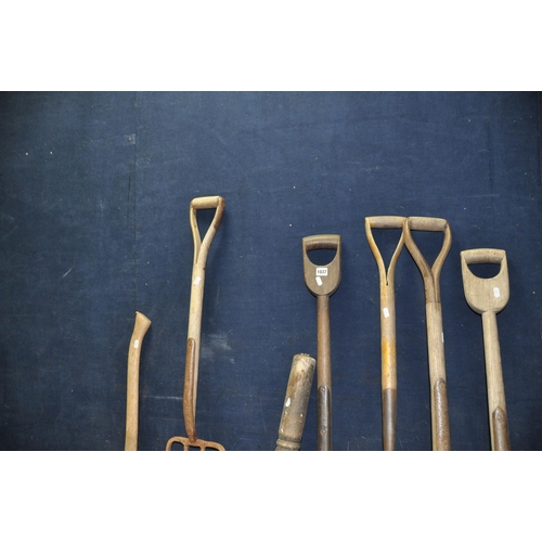 1037 - A COLLECTION OF WOODEN HANDLED VINTAGE GARDEN TOOLS including three spades, a shovel , a fork, a mod... 