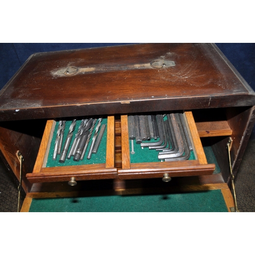 1051 - AN ART DECO MAHOGANY VENEERED OVER OAK CARCASS ENGINEERS TOOL CABINET with one external long drawer ... 