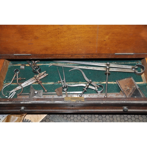 1051 - AN ART DECO MAHOGANY VENEERED OVER OAK CARCASS ENGINEERS TOOL CABINET with one external long drawer ... 