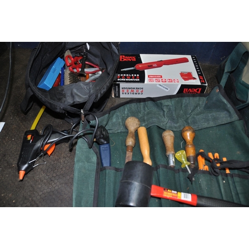 1072 - THREE TOOL BAGS AND A BOX CONTAINING TOOLS including two upholstered hammers, various mallets and ha... 