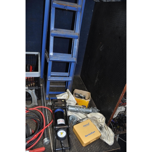 1079 - THREE BOXES OF AUTOMOTIVE AND ENGINEERING TOOLS including a Halfords battery charger, car ramps, gea... 