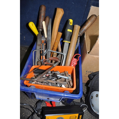 1079 - THREE BOXES OF AUTOMOTIVE AND ENGINEERING TOOLS including a Halfords battery charger, car ramps, gea... 