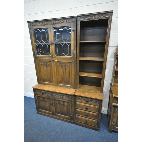 1293 - A 20TH CENTURY OLD CHARM OAK DRESSER, the arched two tier plate rack, atop a base with two drawers a... 