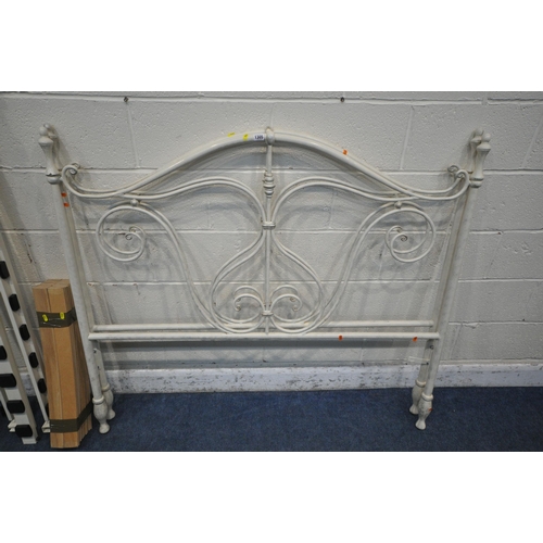 1305 - A WHITE TUBULAR 4FT6 BEDSTEAD, with side rails and slats, along with another white tubular metal hea... 