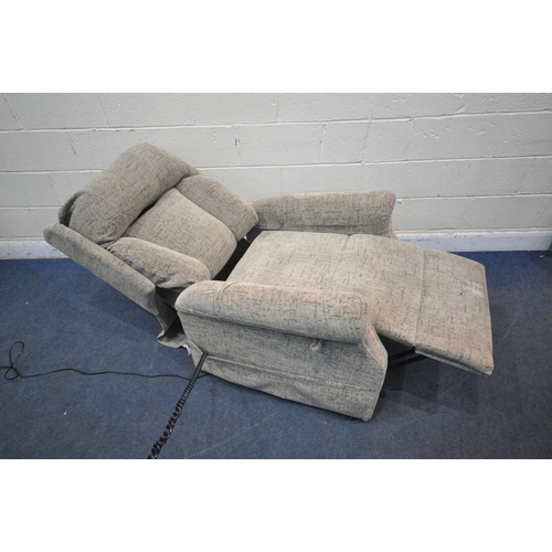 1306 - A BEIGE UPHOLSTERED RISE AND RECLINE ARMCHAIR (condition report: loose fabric to seam on the back, i... 