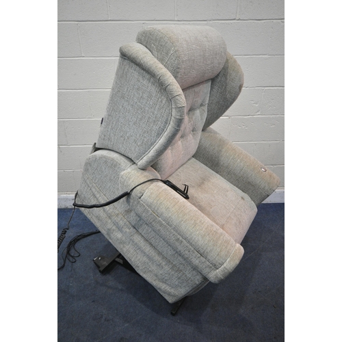 1307 - THE RECLINER FACTORY, A BEIGE UPHOLSTERED RISE AND RECLINE ARMCHAIR (condition report: in need of a ... 