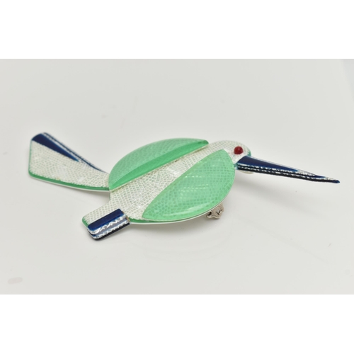 11 - A 'LEA STEIN' GREAT BEAK BIRD BROOCH, pale green, white and blue celluloid, with a red bead eye, sig... 