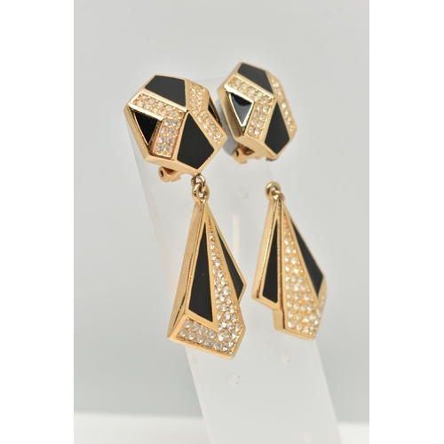 12 - A PAIR OF 'CHRISTIAN DIOR' CLIP ON COSTUME EARRINGS, gold tone with colourless paste and black ename... 