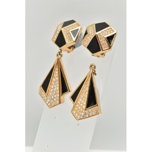 12 - A PAIR OF 'CHRISTIAN DIOR' CLIP ON COSTUME EARRINGS, gold tone with colourless paste and black ename... 