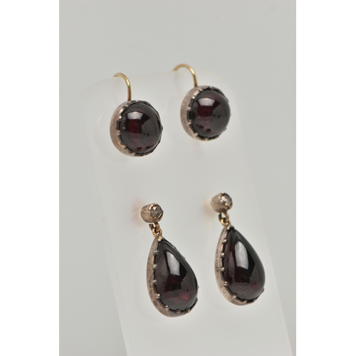 14 - TWO PAIRS OF GARNET CABOCHON SET EARRINGS, conversion piece believed to once be a single pair of dro... 