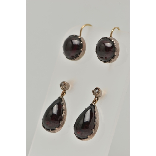 14 - TWO PAIRS OF GARNET CABOCHON SET EARRINGS, conversion piece believed to once be a single pair of dro... 