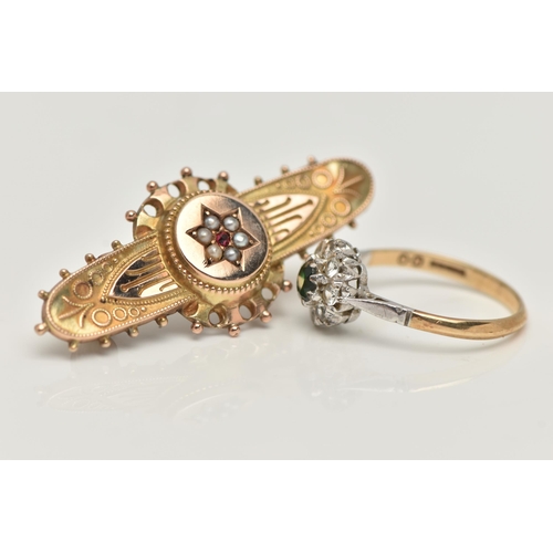 17 - A 9CT GOLD CLUSTER RING AND A SWEETHEART BROOCH, the circular cluster set with a central circular cu... 