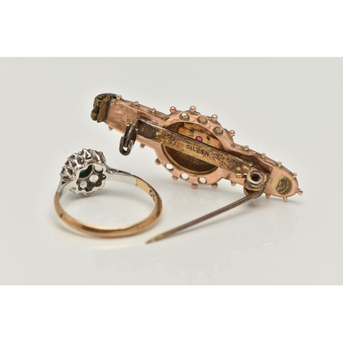 17 - A 9CT GOLD CLUSTER RING AND A SWEETHEART BROOCH, the circular cluster set with a central circular cu... 