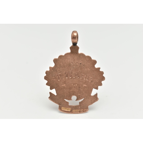 2 - A LATE VICTORIAN 9CT GOLD FOB MEDAL, rose gold, wavy floral shape with a central engraved shield car... 