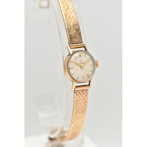 24 - A LADIES 9CT GOLD 'CYMA' WRISTWATCH, manual wind, round cream dial signed 'Cyma', baton markers, in ... 