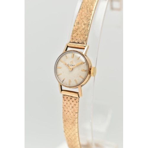 24 - A LADIES 9CT GOLD 'CYMA' WRISTWATCH, manual wind, round cream dial signed 'Cyma', baton markers, in ... 