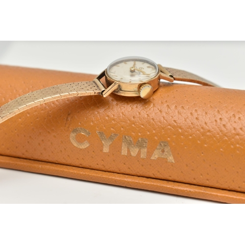 24 - A LADIES 9CT GOLD 'CYMA' WRISTWATCH, manual wind, round cream dial signed 'Cyma', baton markers, in ... 