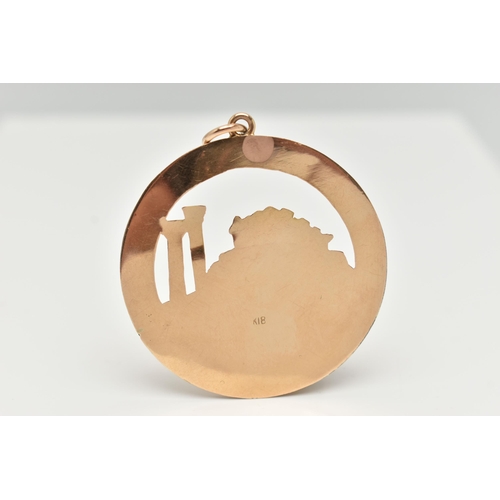 28 - A LARGE YELLOW METAL PENDANT, of a circular form, depicting the Acropolis of Athens, approximate dia... 