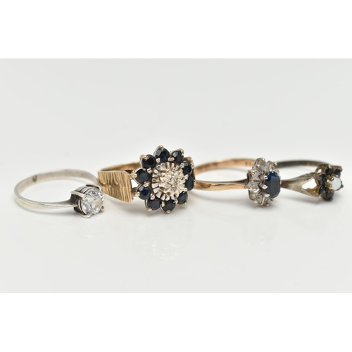 35 - FOUR GEM SET RINGS, the first a 9ct gold sapphire and diamond cluster ring, hallmarked 9ct London, r... 