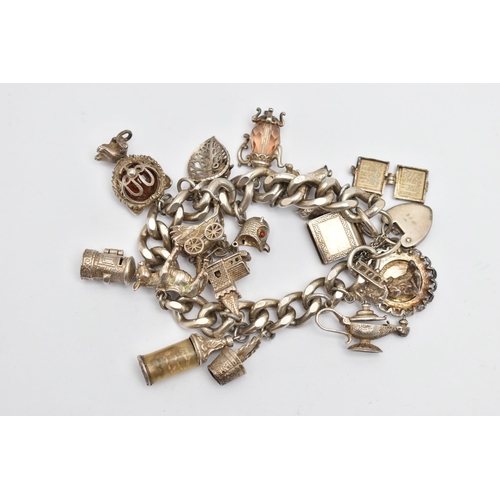 36 - A SILVER CHARM BRACELET, a heavy curb link bracelet fitted with a heart padlock clasp, hallmarked 'J... 