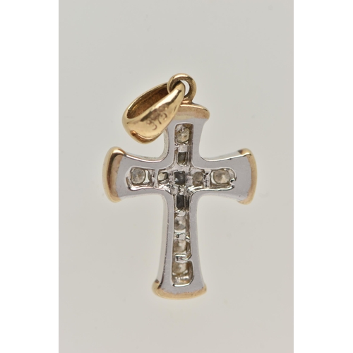 41 - A 9CT GOLD DIAMOND CROSS PENDANT, the tapered cross channel set with eleven brilliant cut diamonds, ... 