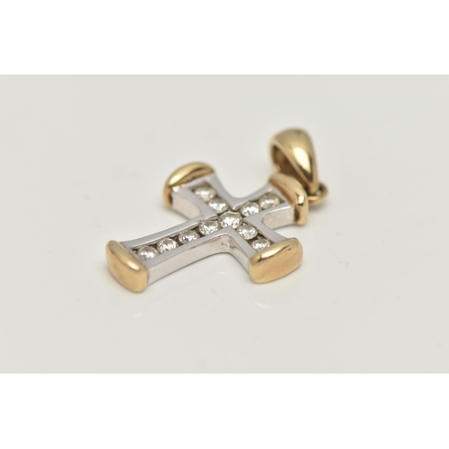 41 - A 9CT GOLD DIAMOND CROSS PENDANT, the tapered cross channel set with eleven brilliant cut diamonds, ... 