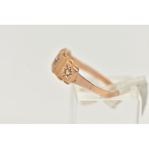 43 - A LATE VICTORIAN GOLD DIAMOND RING, designed as three rose cut diamonds in star settings to the scal... 