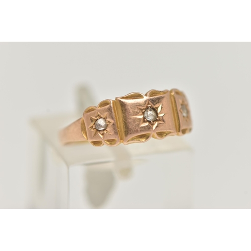 43 - A LATE VICTORIAN GOLD DIAMOND RING, designed as three rose cut diamonds in star settings to the scal... 