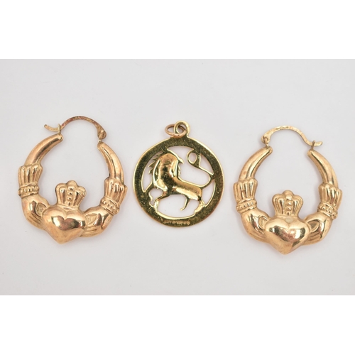 46 - A PAIR OF 9CT GOLD HOOP EARRINGS AND A 9CT GOLD CHARM, the Claddagh design earrings with hinged ear ... 