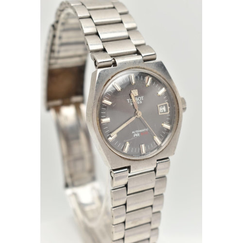 50 - A GENTLEMAN'S AUTOMATIC TISSOT WRISTWATCH, the circular dark grey face with baton markers, a date di... 