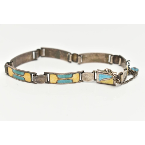 52 - A JAMES FENTON SILVER ENAMEL BRACELET, designed as pale yellow and turquoise enamel rectangular pane... 