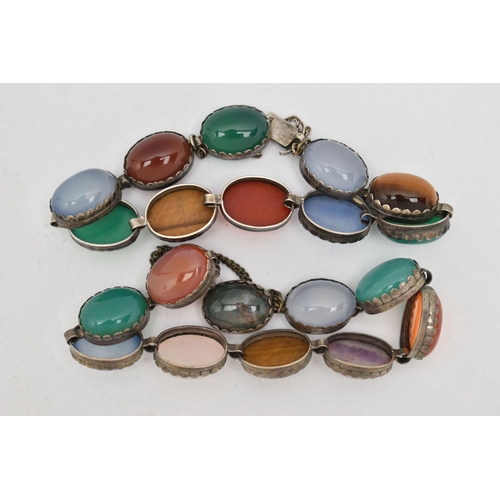 53 - TWO MULTI-GEM CABOCHON BRACELETS, gems include tiger's eye and chalcedony, to the push piece clasps,... 