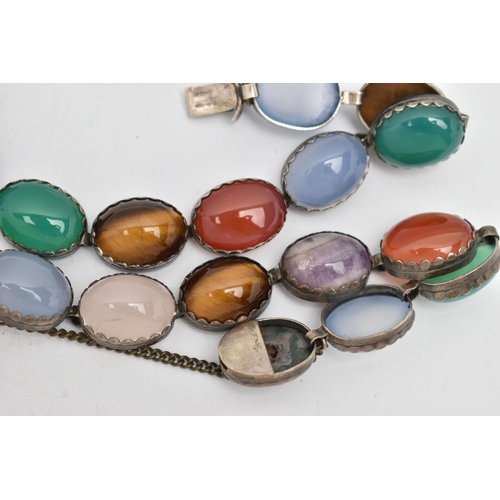 53 - TWO MULTI-GEM CABOCHON BRACELETS, gems include tiger's eye and chalcedony, to the push piece clasps,... 