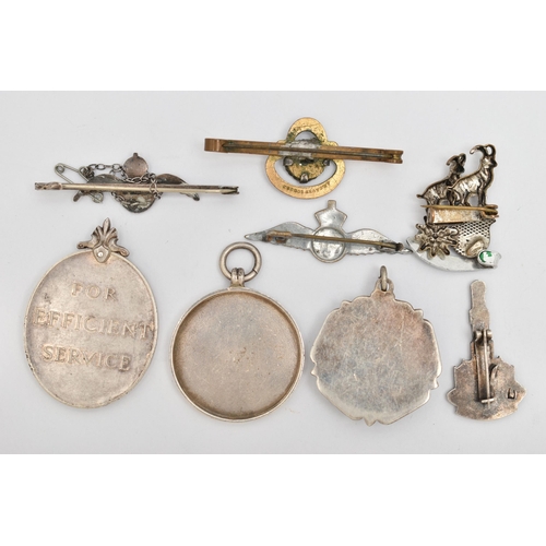 54 - A SELECTION OF MEDALS AND BROOCHES, to include a George VI medal 'For Efficient Service,' edge stamp... 