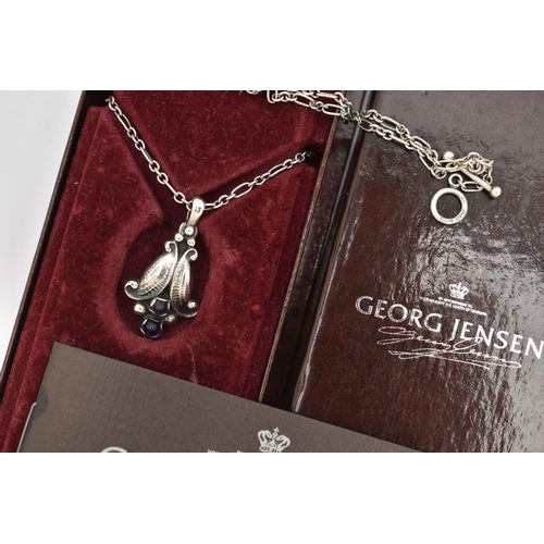 55 - A BOXED 'GEORG JENSEN' PENDANT NECKLACE, floral drop pendant set with two amethyst dome cabochons, f... 