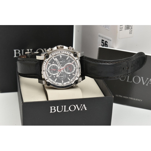 56 - A GENTS BOXED 'BULOVA' WRISTWATCH, quartz chronograph watch, round black dial signed 'Bulova, Precis... 