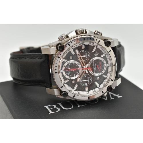 56 - A GENTS BOXED 'BULOVA' WRISTWATCH, quartz chronograph watch, round black dial signed 'Bulova, Precis... 