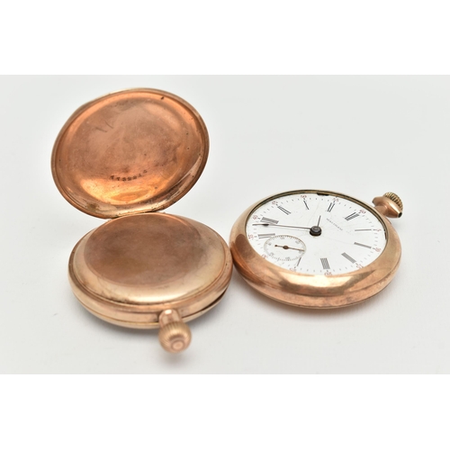 58 - TWO GOLD PLATED OPEN FACE POCKET WATCHES, both AF, the first manual wind, round white Roman numeral ... 