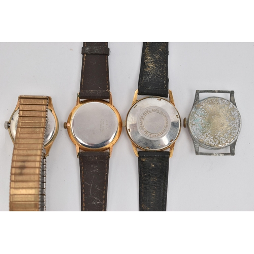 59 - FOUR GENTS WRISTWATCHES, to include a gold plated 'Ingersoll' automatic watch, approximate case widt... 