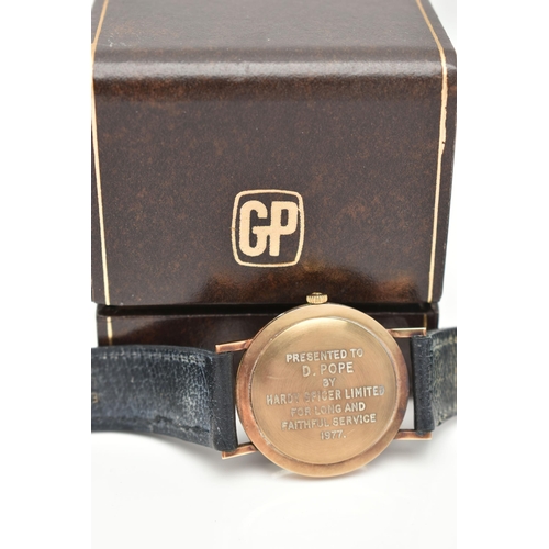 61 - A 9CT GOLD GENTS 'GIRARD PERREGAUX' WRISTWATCH, hand wound movement, round dial signed 'Girard-Perre... 