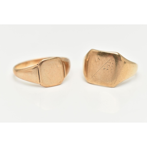 65 - TWO 9CT GOLD SIGNET RINGS, the first a square signet ring with rubbed engraved detail, hallmarked 9c... 